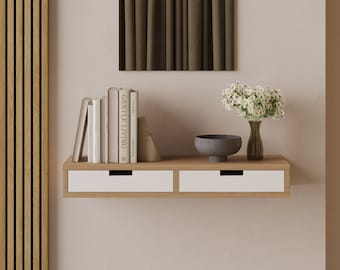Scandinavian style floating console table with white drawers, entryway table with storage.