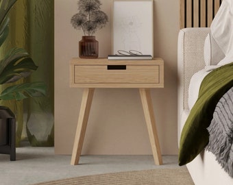 Oak designer modern wooden Scandinavian bedside table with drawer. Scandinavian cabinet with drawer. Handmade.