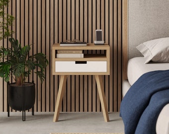 Wooden oak Scandinavian bedside table with a white drawer and shelf. Handmade. Modern and designer. Wooden bedside table