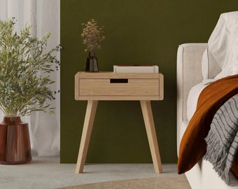 Oak designer modern wooden Scandinavian bedside table with drawer. Scandinavian cabinet. Handmade.