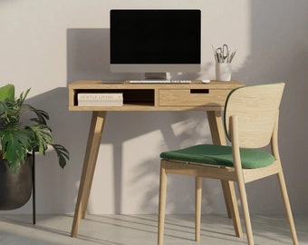 Petit bureau élégant en bois de chêne, table d’écriture compacte pour bureau à domicile, poste de travail en bois massif, bureau d’étude en bois, mobilier de bureau minimaliste