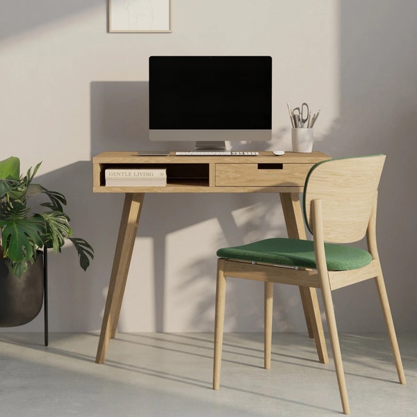 Petit bureau élégant en bois de chêne, table d’écriture compacte pour bureau à domicile, poste de travail en bois massif, bureau d’étude en bois, mobilier de bureau minimaliste