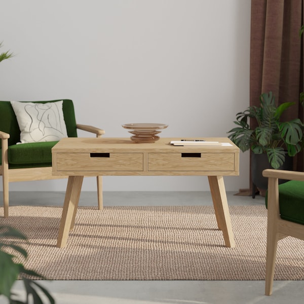 Table basse scandinave Minimal Lea avec tiroirs, meubles de salon fonctionnels, accents de maison d’inspiration nordique, table de rangement élégante