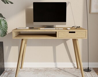 Wooden desk 43" with drawer and big shelf in modern industrial style