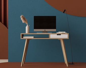 Lea 110 desk - simple wooden oak desk with big shelf & white drawer in minimalist, scandinavian design. Office desk.