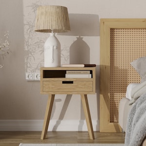 Mid Century Modern Wooden Bedside Table, Scandinavian Bedroom Accent Table with Drawer, Wood Bedside Shelf Organizer, Bedside Pedestal