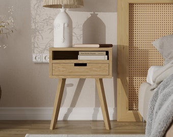 Mid Century Modern Wooden Bedside Table, Scandinavian Bedroom Accent Table with Drawer, Wood Bedside Shelf Organizer, Bedside Pedestal