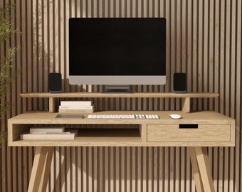 Drewniany stojak na monitor na biurko - podstawka pod monitor - nadstawka - półka pod monitor - półka na biurko - lite drewno dębowe