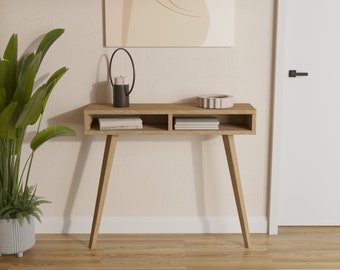 Small wood console table with storage in modern mid century design. Small, skinny, with 2 shelves, minimalist design