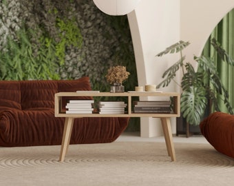 Coffee Table with 2 Shelves & Rounded Sides · Wooden Oak Coffee Table · Mid century modern style · Minimalistic design