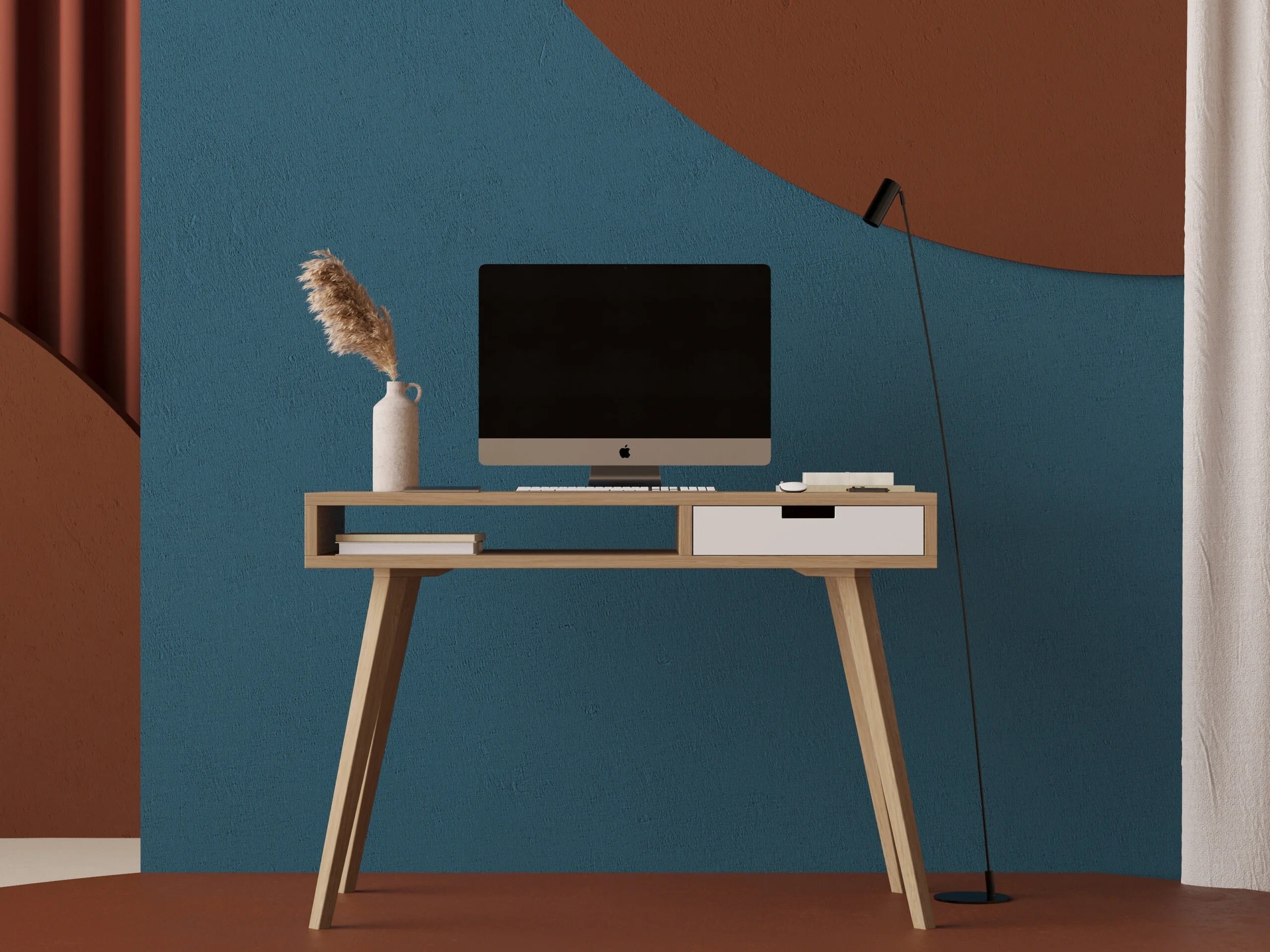 Bureau Lea 110 Bureau Simple En Chêne Avec Grande Étagère Et Tiroir Blanc, Design Minimaliste Scandinave