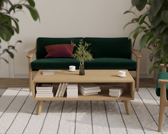 Designer oak wooden Scandinavian wide coffee table with rounded solid oak sides. Scandinavian style. Handmade.