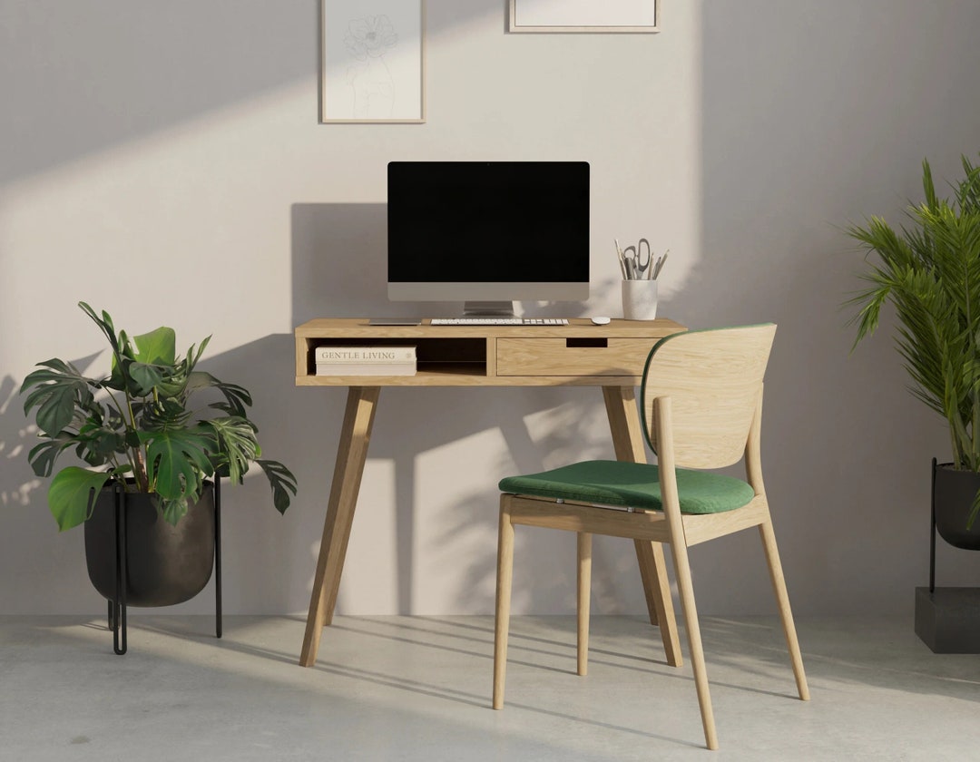 Escritorio pequeño de madera real para computadora con cajón, mesa de  escritura de oficina, estilo moderno y simple, escritorio para computadora