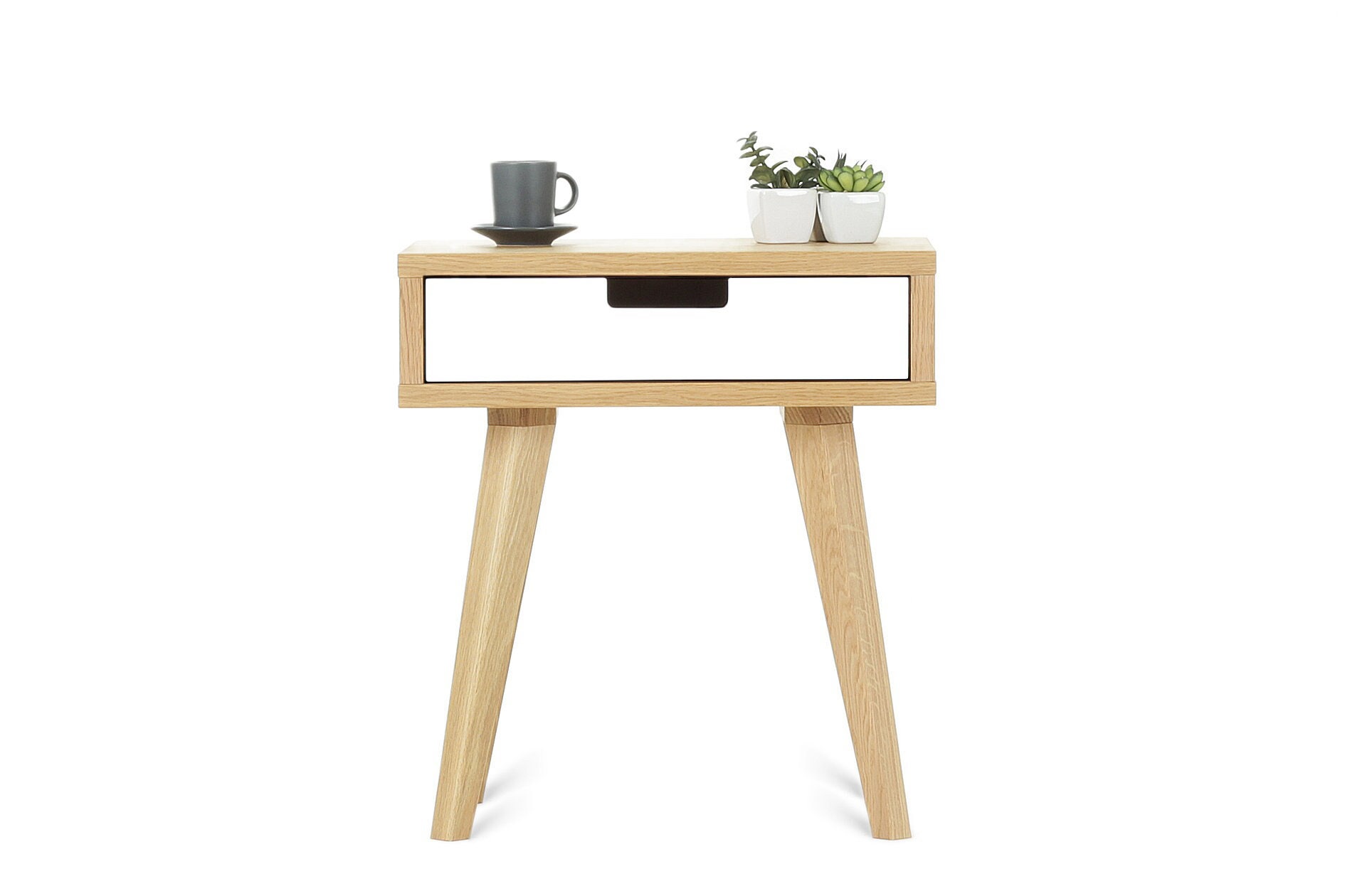 Table De Chevet Design Scandinave Moderne En Bois Chêne Avec Tiroir Blanc. Pour La Chambre, Salon. Fait Main