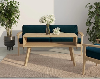 Designer handmade Wide Coffee Table in Scandinavian style. Modern and functional. TV table. Oak furniture.