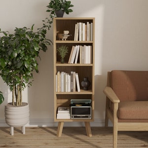 Narrow wooden low bookcase with 4 shelves, 136 cm high