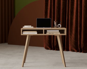 Oak Desk with Shelves and Legs from Solid Oak in Scandi Style for Computer or Laptop or Vanity Table. Small wooden desk.