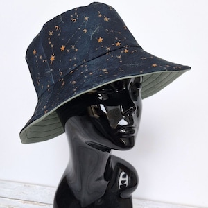 Reversible Cotton Bucket Hat: Celestial Print, Summer Accessory