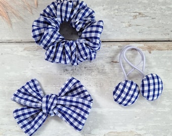 Gingham School Hair Bow: Cotton Pigtail Clips