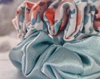 Floral Cotton Jersey and Satin Scrunchie Set | Mint and Orange Hair Accessories