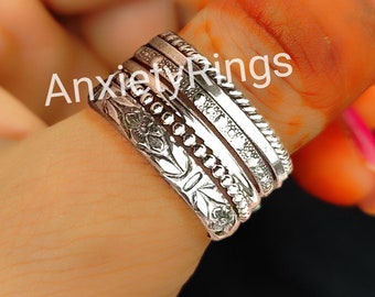 Conjunto de 6 anillos apilables de plata de ley, anillos finos y gruesos, anillos de patrón variado, anillos retorcidos con cuentas delicadas, anillo punteado, anillos para el pulgar