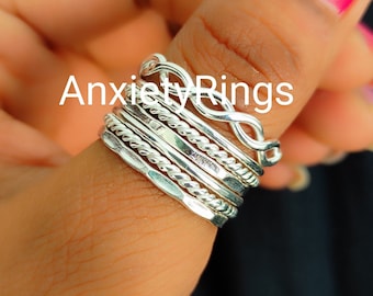 Set di 7 anelli impilabili in argento sterling, anelli sottili e spessi, anelli con motivi assortiti, anelli intrecciati con perline delicate, anello minimalista, anello per il pollice