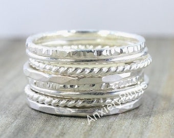 Set of 8 Sterling Silver Stacking Rings, Thin & Thick Rings, Assorted Pattern Rings, Dainty Beaded Twisted Rings, Minimalist Ring,Thumb Ring