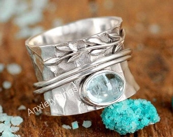 Aquamarine Stone Spinner Band, Sterling Silver Band, Unique Band Silver Ring, Handmade Silver Ring, Bohemian Band, Gifts for her , freeship