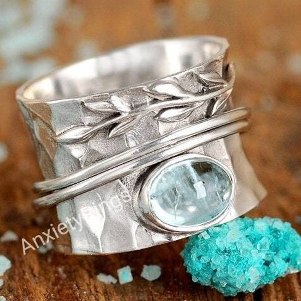 Aquamarine Stone Spinner Band, Sterling Silver Band, Unique Band Silver Ring, Handmade Silver Ring, Bohemian Band, Gifts for her , freeship