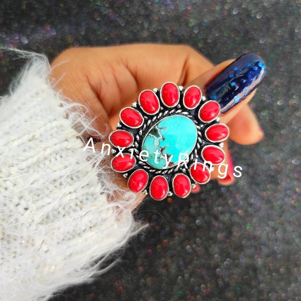 Red Coral and Turquoise Cluster Flower Ring, Handmade Boho Ring, Bridesmaid Ring, Wedding Ring for Women, Statement Gifts, Multi Stone Ring