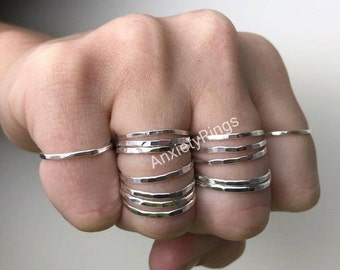 Skinny Hammered Sterling Silver Stackable Rings Set for 5, 925 Sterling Silver Shiny Bands Midi Rings, Stacking Rings, Minimalist Rings Set