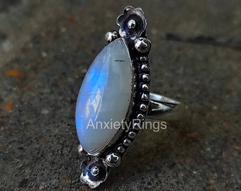 Rainbow Moonstone Ring, Sterling zilveren ringen voor vrouwen, Boho Simple Ring met grote Maansteensteen, Birthstone Gemstone Ring Sieraden, Verkoop