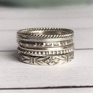 Lot de 6 bagues superposables en argent sterling, bagues fines et épaisses, motifs variés, bagues torsadées, perles délicates, bague à pois, bague en argent pour le pouce image 2