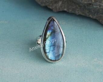 Natural Labradorite Ring, Pear Shape Labradorite Silver Ring, Labradorite Ring, Statement Ring, Labradorite Ring For Her, Boho Silver Ring