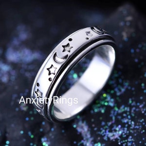 Moon & Stars Spinner Ring, 925 Sterling Silver, Meditation Ring, Engraved Ring Spinner Band Ring Handmade Gift Band Ring Promise Ring Silver