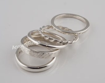 Conjunto de 5 anillos apilables de plata de ley, anillos minimalistas, anillos retorcidos con cuentas delicadas, anillos finos y gruesos, anillos de pila de plata, joyas para mujeres