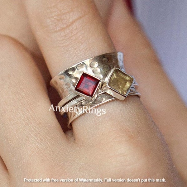 Red Garnet and Citrine Solid 925 Sterling Silver Spinner Ring For Women, Handmade Silver Carved Band Meditation Ring For Wedding Anniversary