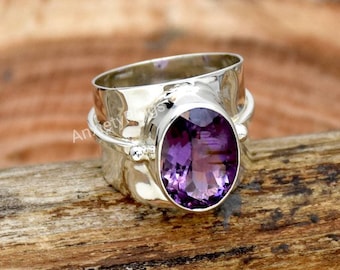 Natural Amethyst Ring, 925 Sterling Silver Ring, February Handmade Ring, Wide Band Ring, Faceted Amethyst Ring, Hammered Ring, Gift For Her