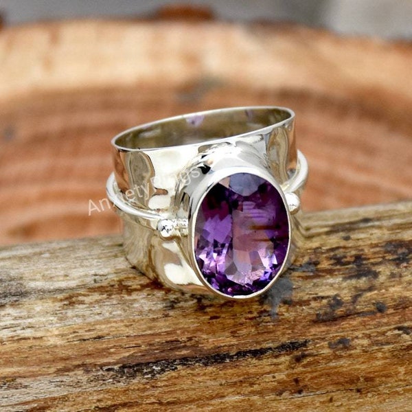 Natural Amethyst Ring, 925 Sterling Silver Ring, February Handmade Ring, Wide Band Ring, Faceted Amethyst Ring, Hammered Ring, Gift For Her