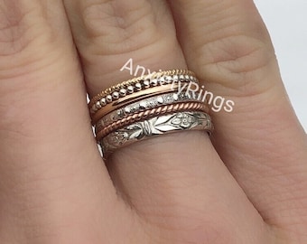 Conjunto de 6 anillos apilables de plata de ley, anillos finos y gruesos, anillos de patrón variado, anillos retorcidos con cuentas delicadas, anillo punteado, anillo para el pulgar