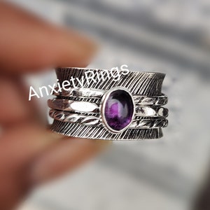 Amethyst Spinner Ring, 925 Sterling Silver, Spinner Ring, Handmade Ring, Fidget Ring, Boho Ring, Wide Band Ring, Promise Ring, Women Ring