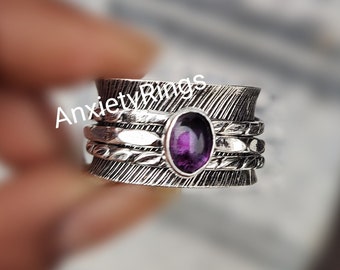 Amethyst Spinner Ring, 925 Sterling Silver, Spinner Ring, Handmade Ring, Fidget Ring, Boho Ring, Wide Band Ring, Promise Ring, Women Ring