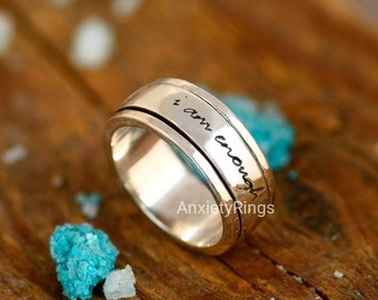 Soy suficiente anillo, anillo Fidget Spinner, anillo de plata de ley para mujeres, anillo de ansiedad de meditación, anillo grabado, cita inspiradora