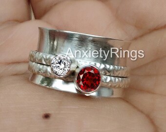 Crystal Quartz 925 Sterling Silver Ring*Garnet Spinner Ring* Meditation Ring* Fidget Ring* Anxiety Ring* Personalized Gift* Statement Ring