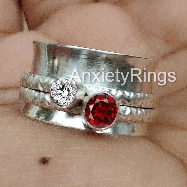 Crystal Quartz 925 Sterling Silver Ring*Garnet Spinner Ring* Meditation Ring* Fidget Ring* Anxiety Ring* Personalized Gift* Statement Ring