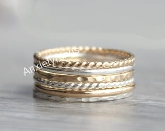 Stacking Ring Set // Set of 6 Brass and Silver Stackable Rings // Sterling Silver and Brass Stackable Rings // Mixed Metals  Stack Rings