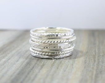 Set of 8 Sterling Silver Stacking Rings, Thin & Thick Rings, Assorted Pattern Rings, Dainty Beaded Twisted Rings, Minimalist Ring,Thumb Ring