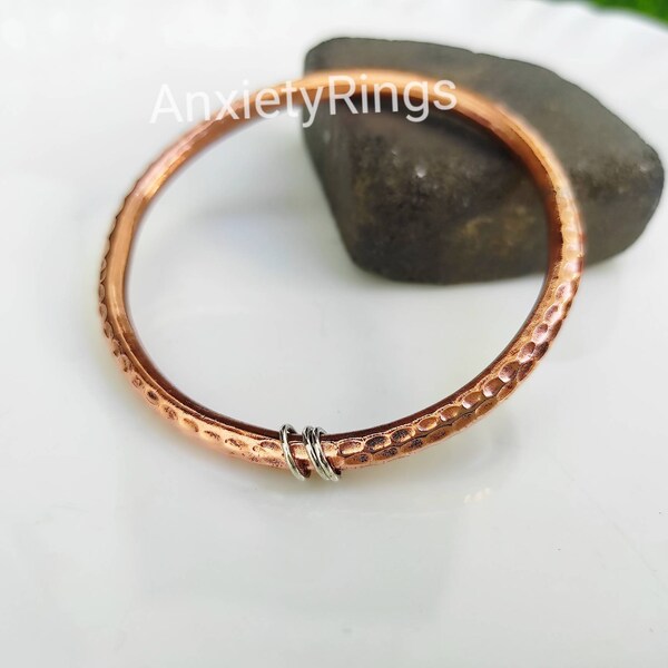 Heavy copper bangle with silver detail | Hammered copper stacking bangle | Pure copper bracelet | Gift for her | Handmade copper jewellery B