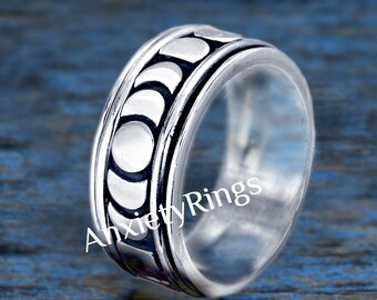 Maanfasen Ring, Maan Spinner Ring, 925 Sterling Spinner Ring, Angst Ring, Fidget Ring, Boho Sieraden, Spinner Ring voor Unisex, Gift Ring