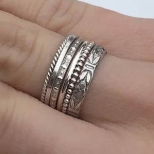 Lot de 6 bagues superposables en argent sterling, bagues fines et épaisses, motifs variés, bagues torsadées, perles délicates, bague à pois, bague en argent pour le pouce image 3